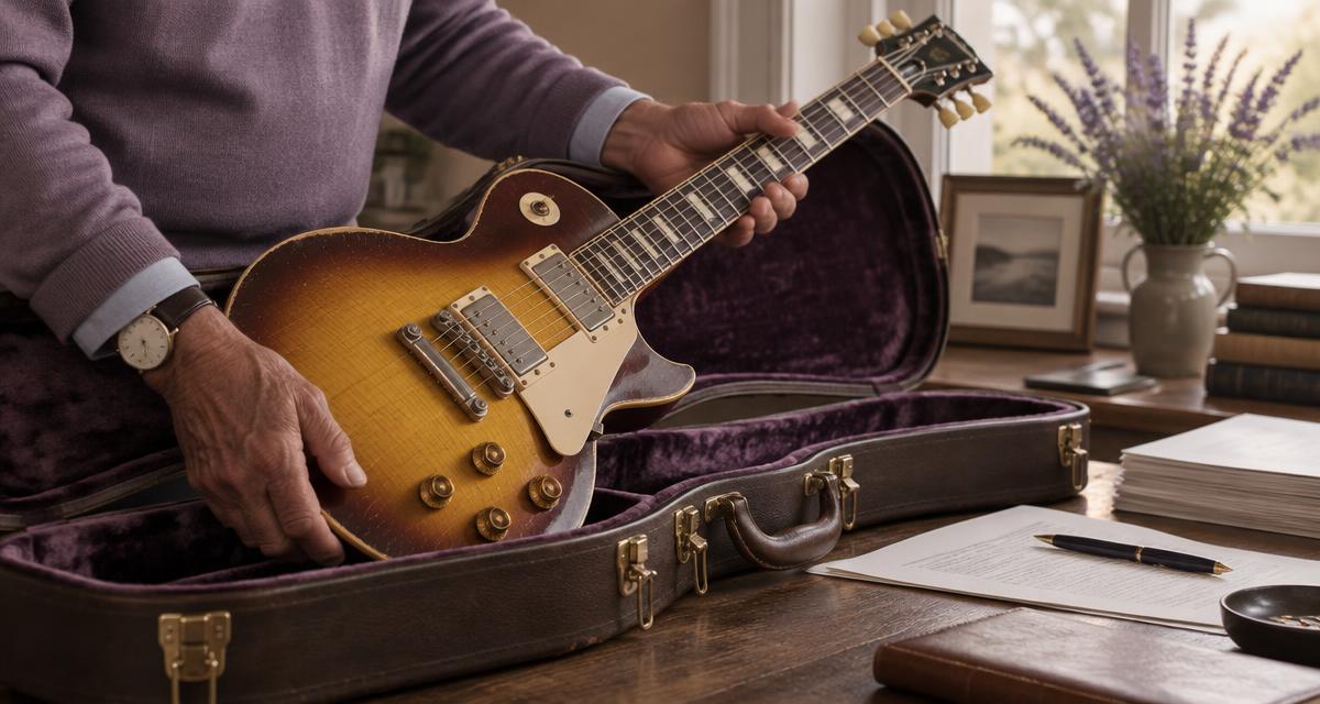 An older player's hands lifting a vintage sunburst electric guitar from its case, beside a wooden desk with paperwork and a pen