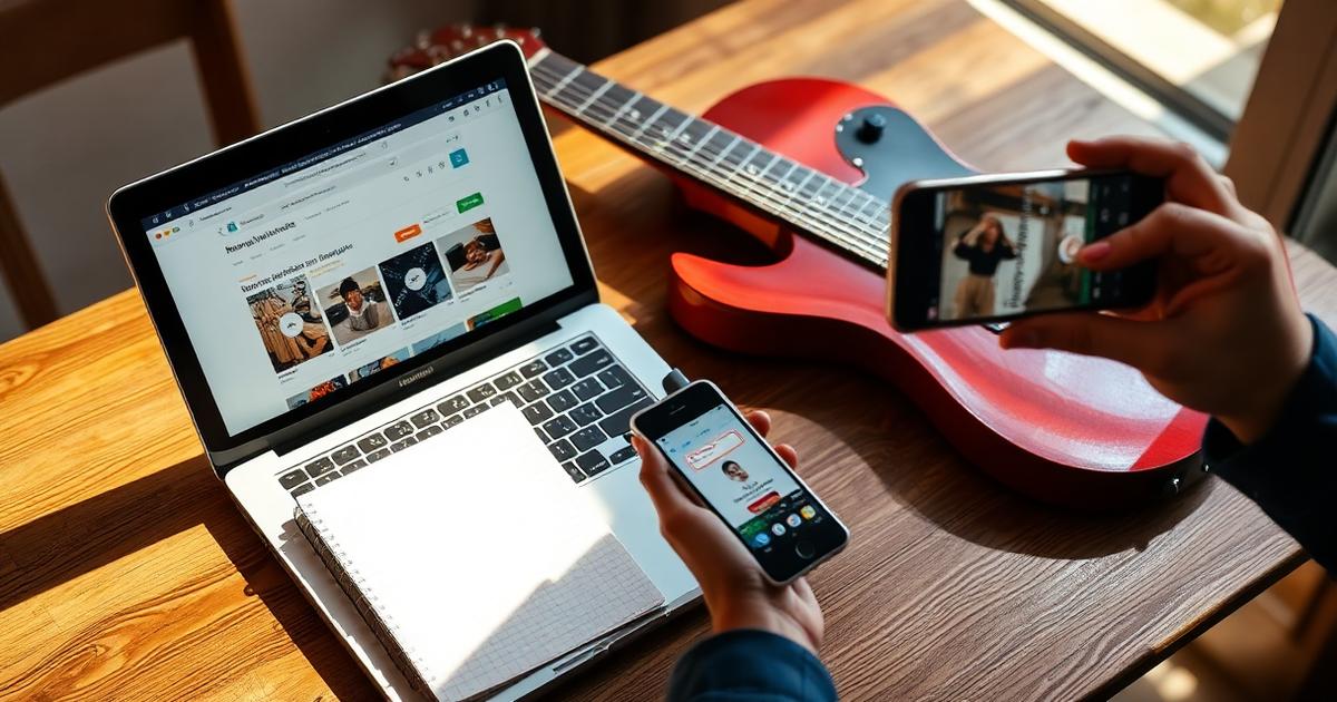An electric guitar on a table beside a laptop showing a marketplace listing and a phone photographing the guitar